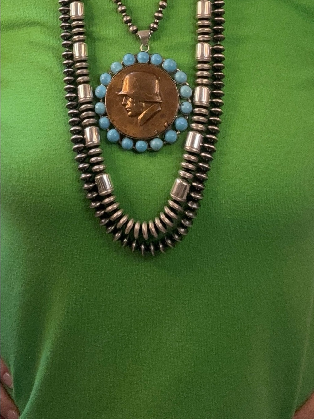Turquoise Blue Round Coin Medallion Pendant Necklace for a Statement Necklace